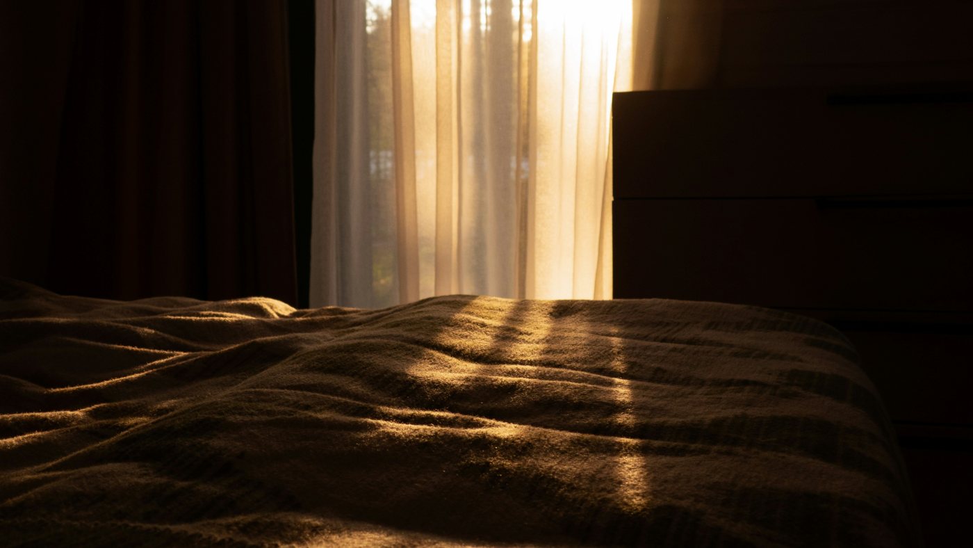 Morning light falling across an unmade bed