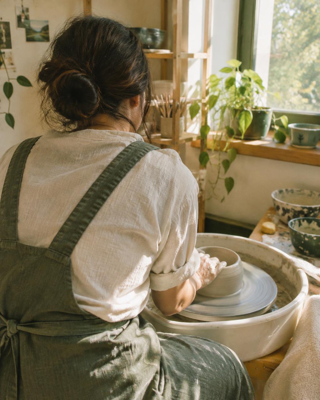 A woman seen from behind, working at a pottery wheel