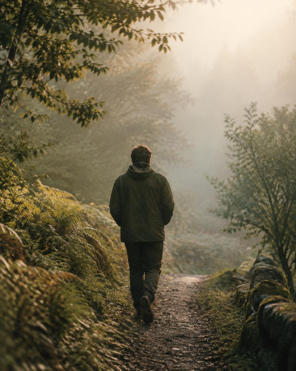 A man seen from behind, walking on a misty woodland path