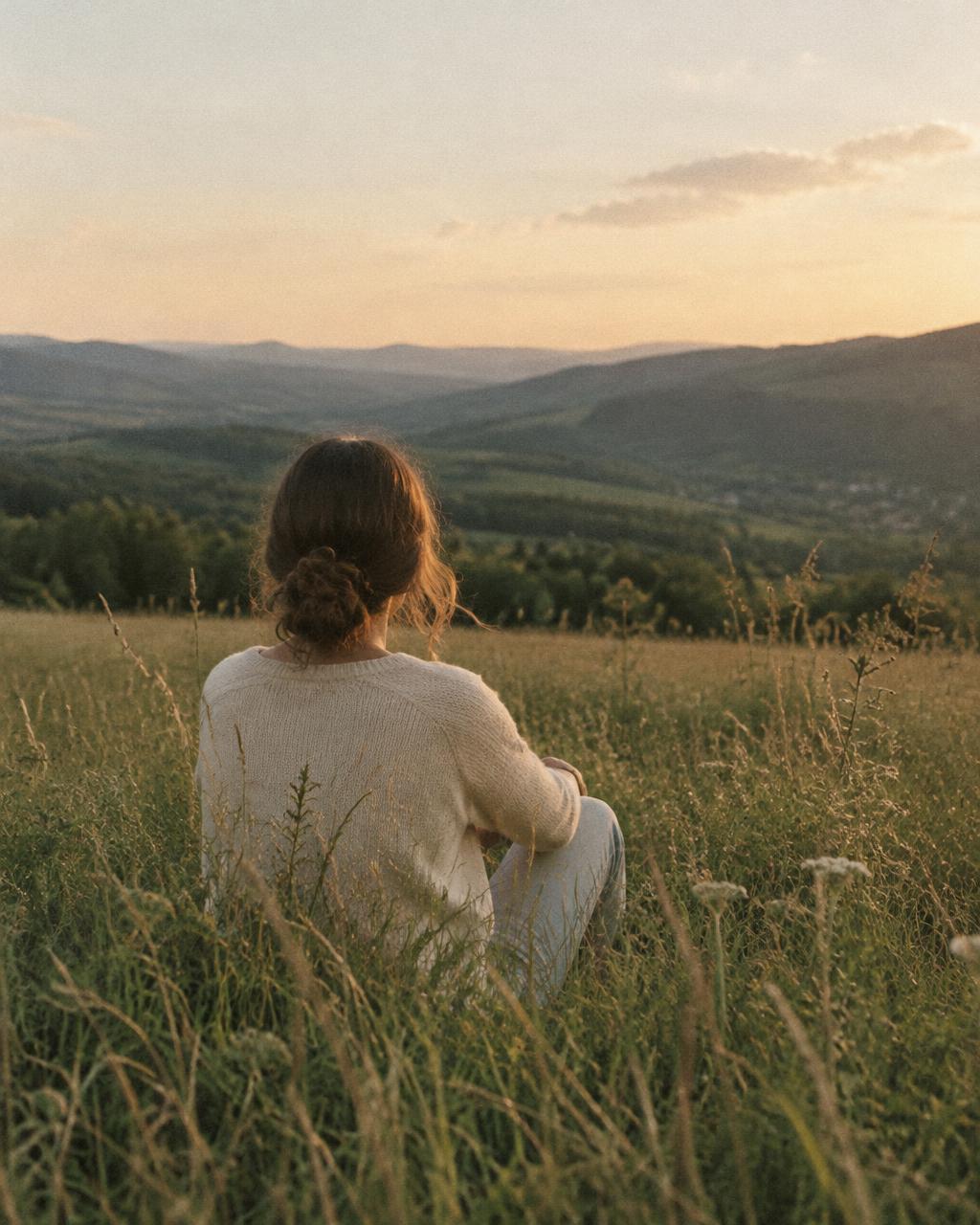 A woman seen from behind, sitting in a meadow at sunset