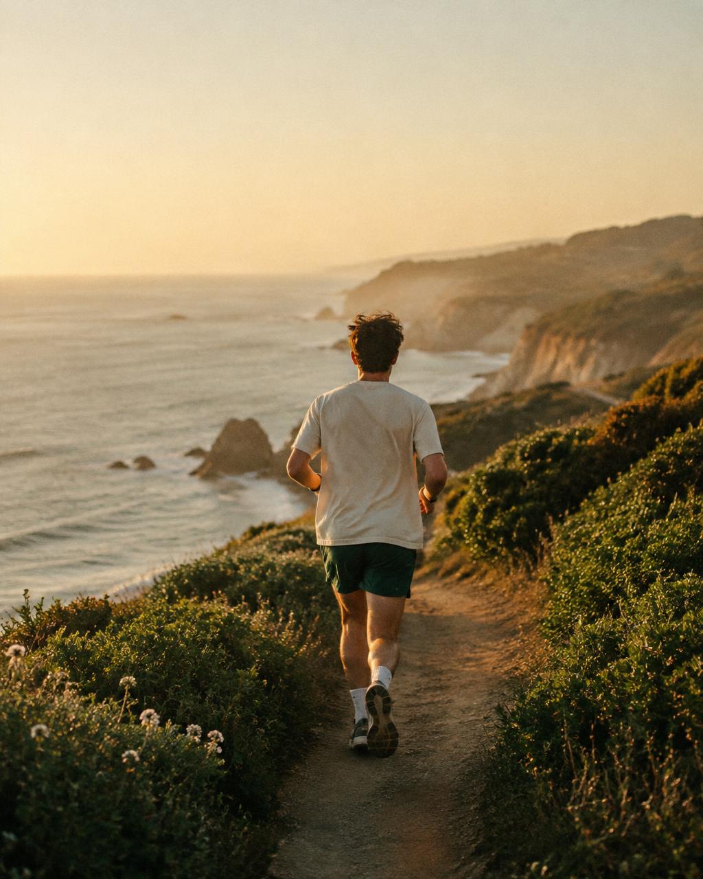 A man seen from behind, running on a coastal path
